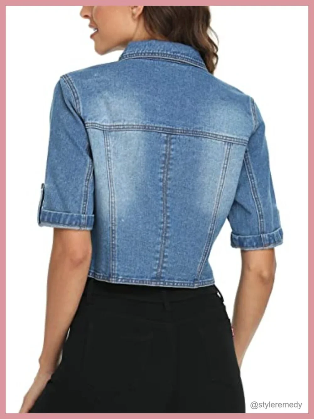 Cropped Denim Jacket Short Sleeve Women's Summer Stretch Cotton Blend
